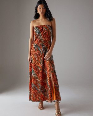 WAREHOUSE Yoryu Chiffon Elasticated Back Bandeau Maxi Dress