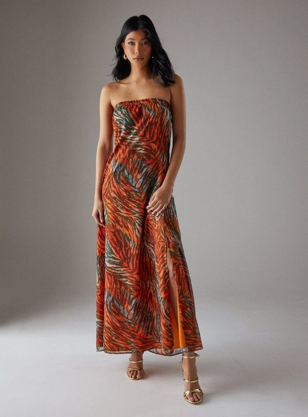 WAREHOUSE Yoryu Chiffon Elasticated Back Bandeau Maxi Dress