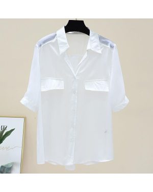 (WHITE, One Size) Chiffon Simplicity Thin Shirt Tops Women Clothing Short Sleeve Polo Neck Solid Street Casual Blouse Summer New Fashion Vintage