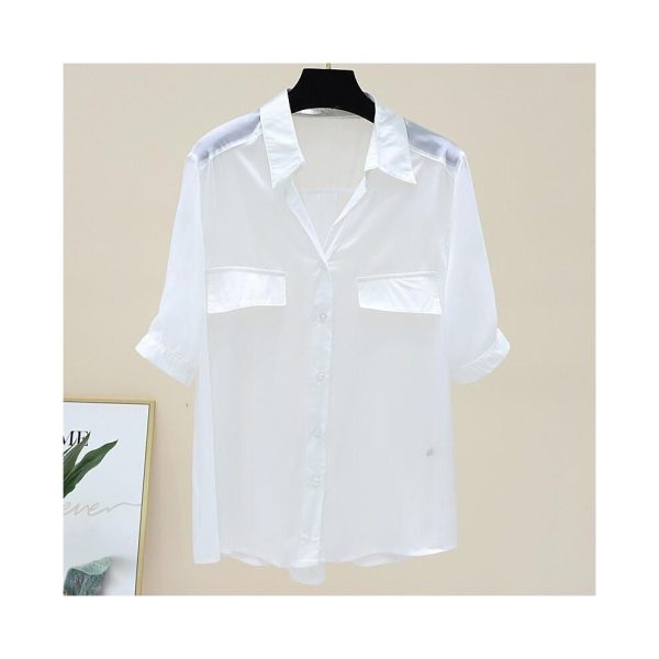 (WHITE, One Size) Chiffon Simplicity Thin Shirt Tops Women Clothing Short Sleeve Polo Neck Solid Street Casual Blouse Summer New Fashion Vintage