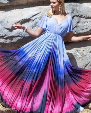 Wavy Ombre A-Line Chiffon Maxi Dress - Blue by Goddiva