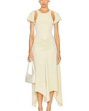 WeWoreWhat Ruched Asymmetric Midi Dress in Beige. Size XS.