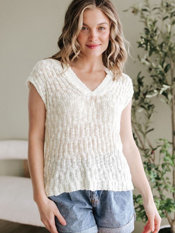 White Cap Sleeves V-Neck Knitted Top For Summer 2025