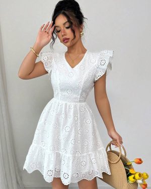 White Eyelet Mini Dress With Bowknot Open Back And Flounce Sleeve For Summer 2025