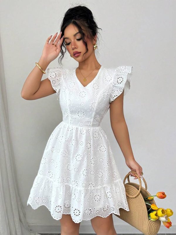 White Eyelet Mini Dress With Bowknot Open Back And Flounce Sleeve For Summer 2025