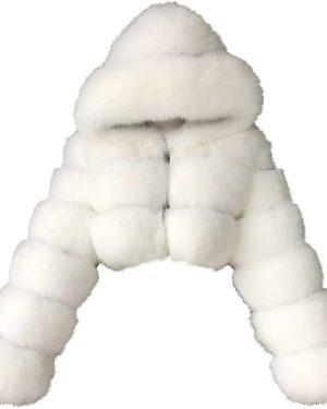 (White, Large) Faux Fur Coat Women With Hood Cropped Bubble Coats Fleece Short Warm Jackets Plus Size Winter Coats For Women