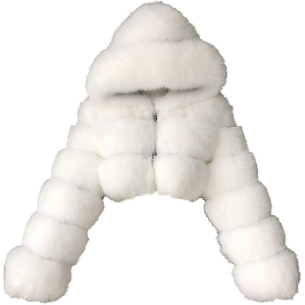 (White, Large) Faux Fur Coat Women With Hood Cropped Bubble Coats Fleece Short Warm Jackets Plus Size Winter Coats For Women