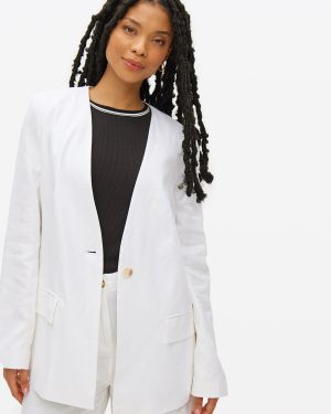 White Linen Blend Collarless Blazer