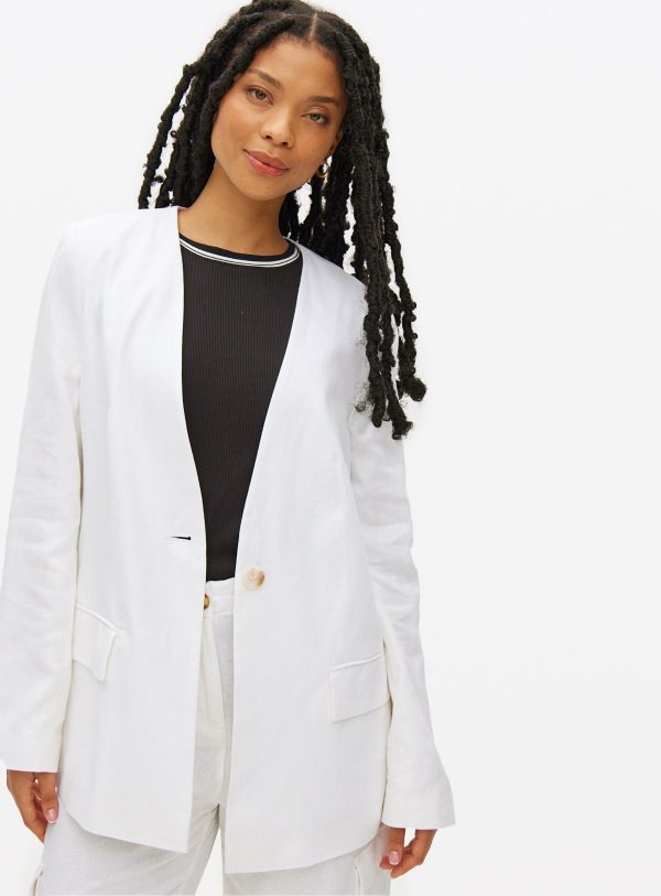 White Linen Blend Collarless Blazer