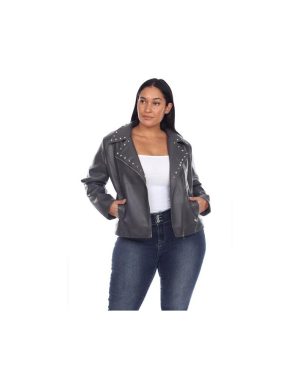 White Mark PS8918-02-1X Plus Size PU Faux Leather Jacket for Women, Gray - 1X