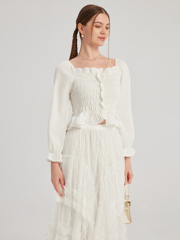 White Pleated Blouse Square Collar Long Sleeve Ruffle Crop Top For Women 2025