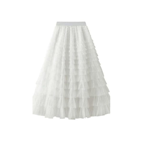 (White) Tiered Elastic Waist Tulle Maxi Skirt