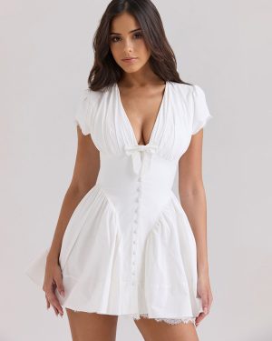 White V-Neck Mini Dress With Bow Detail For Casual And Semi-Formal Events 2025