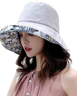 (White) Wide Brim Cotton Summer Hat Women Packable Reversible Floral Bucket Hat UV Sun Protection Wide Brim Summer Beach Cap Double sided Floppy Sun H