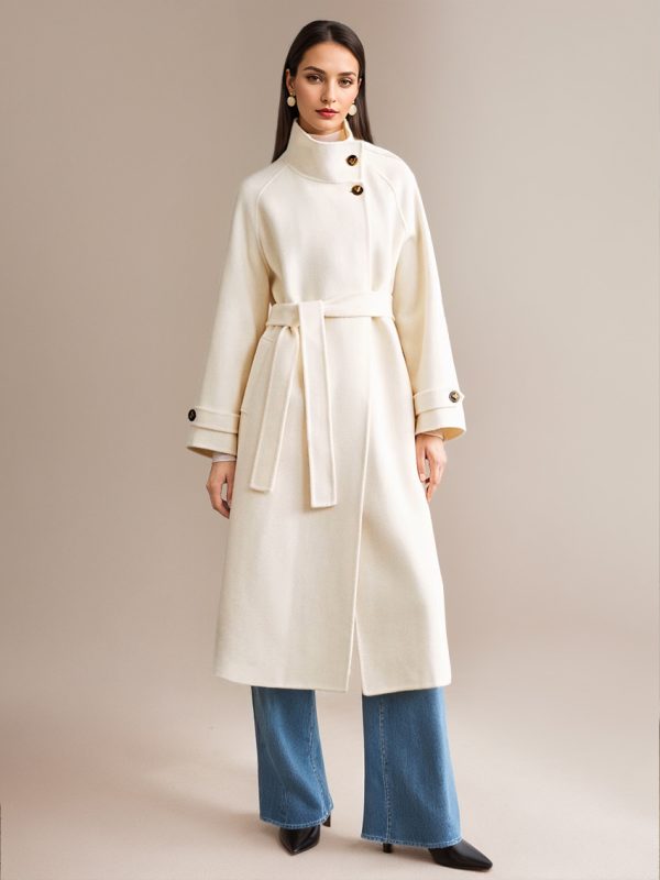 White Wool Cashmere Blend Coat Stand Collar Double-Faced Belted Winter Outerwear For Women 2025