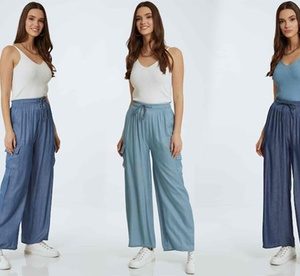 Wide Leg Denim Cargo Palazzo Trousers, Navy Denim, S-M