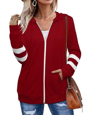 (Wine Red, M) Women Zip Up Hoodie Long Sleeve Sweatshirt Hooded Loose Jacket With Pocket