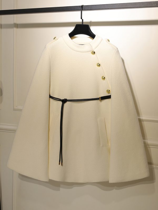 Woman Coat Jewel Neck Sash Elegant Layered White Wrap Coat