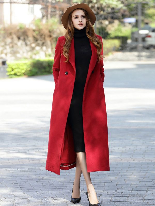Woman Wrap Coat Solid Color Turndown Collar Sash Winter Long Coat 2025