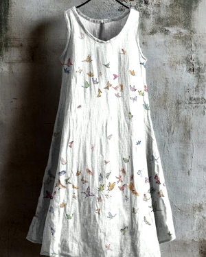 Women Casual Floral Summer Linen Micro-Elasticity Daily Sleeveless A-Line Regular Dresses