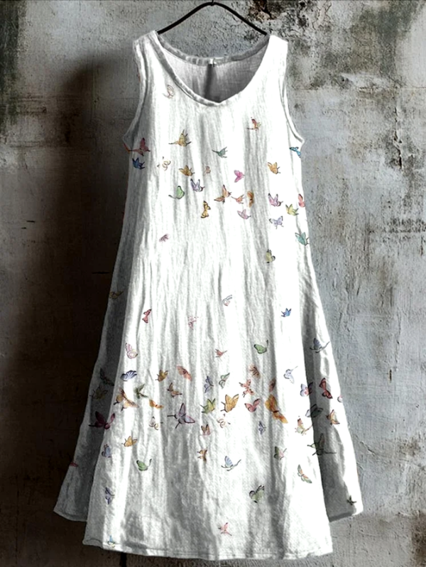 Women Casual Floral Summer Linen Micro-Elasticity Daily Sleeveless A-Line Regular Dresses