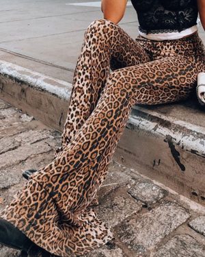 Women Flared Pants Leopard Print Pattern Cotton High Rise Waist Trousers