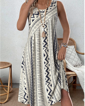 Women Geometric Simple Summer Natural Household Crew Neck Tank A-Line Regular Dresses