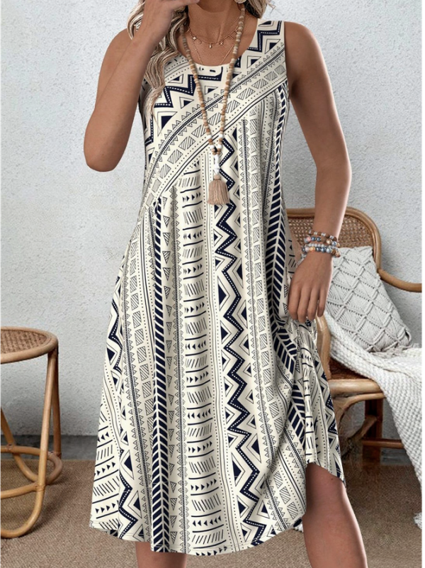 Women Geometric Simple Summer Natural Household Crew Neck Tank A-Line Regular Dresses
