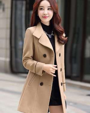 Women Pea Coat Woolen Trench Coat Long Sleeve Buttons Winter Coat Cozy Active Outerwear
