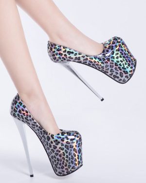 Women Platform Shoes High Heels Slivery Square Toe Leopard Print Sexy Shoes