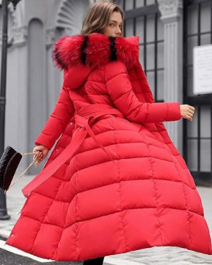 Women Puffer Coat Removable Faux Fur Collar Hooded Coat Longline Winter Coat Cozy Active Outerwear