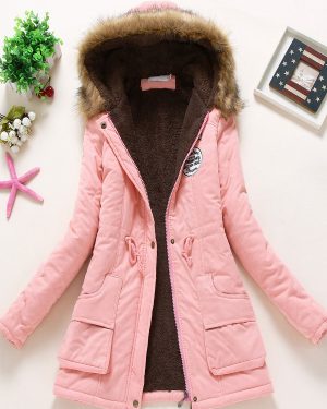 Women Puffer Coats Light Pink Warmth Preservation Hooded Buttons Zipper Long Sleeves Outerwear Cozy Active Outerwear