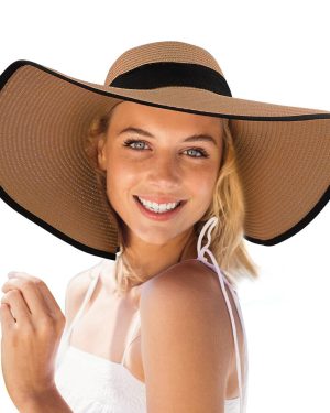 Women Straw Sun Hat, Large Wide Brim UPF 50+ (Khaki)
