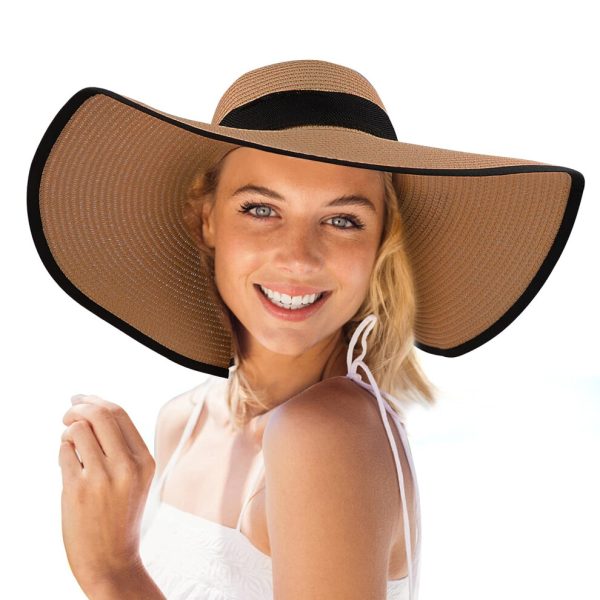 Women Straw Sun Hat, Large Wide Brim UPF 50+ (Khaki)