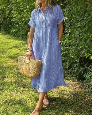 Women Striped Casual All Season No Elasticity Loose Maxi Short Sleeve A-Line No Shirt Dresses
