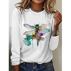 Women's 100% Cotton Tunic T Shirt Fashion Casual Print Long Sleeve Regular Tops Crew Neck Daily White Spring Fall