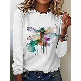 Women's 100% Cotton Tunic T Shirt Fashion Casual Print Long Sleeve Regular Tops Crew Neck Daily White Spring Fall