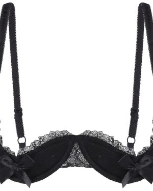 Womens 1/4 Cups Underwire Bra Halter Neck O Ring Sheer Lace Push Up Brassiere Lingerie Breast Open Bras Underwear Xinmu