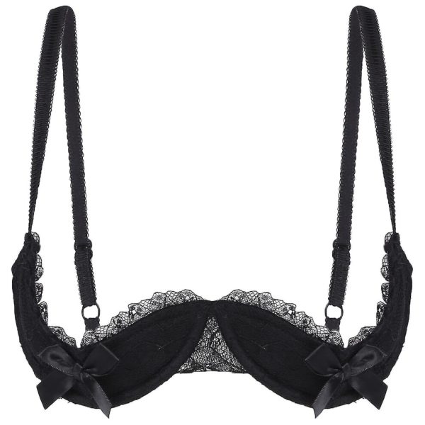 Womens 1/4 Cups Underwire Bra Halter Neck O Ring Sheer Lace Push Up Brassiere Lingerie Breast Open Bras Underwear Xinmu