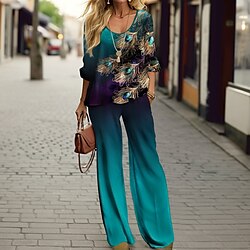 Women's 2 Pieces Elegant Fashion Streetwear Tank Top Pants Sets Wide Leg Pants Trousers Long Sleeve Round Neck Graphic Print Casual Daily Blue Green Fall Winter Regular Fit