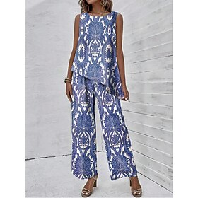 Women's 2 Pieces Fashion Tank Top Pants Sets Wide Leg Pants Trousers Sleeveless Round Neck Graphic Print Casual Daily Blue Purple Green Summer Regular Fit