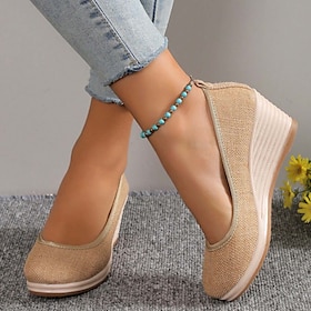 Women's Beige Woven Fabric Wedge Shoes - Comfortable Slip-On Platform Heels for Casual Summer and Daily Wear
