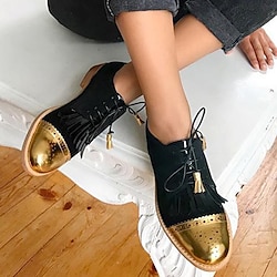 Women's Black and Gold Oxford Shoes - Lace-Up Wingtip Brogues with Fringe Tassel for Vintage Casual Style
