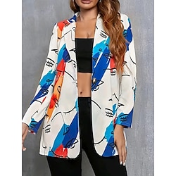 Women's Blazer Comfortable Breathable Print Casual Geometric Office Street Casual Daily Wear Single Breasted Long Turndown Regular Fit Long Sleeve Outerwear Black White Yellow Summer Fall