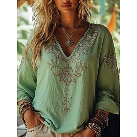 Women's Blouse Floral Graphic Paisley Bohemia Vintage Tropical 3/4 Length Sleeve V Neck Regular Tops Ruched Embroidered Print Pink Blue Purple Green Summer Spr