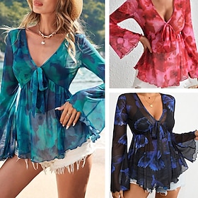 Women's Blouse Flower Stylish Modern Long Sleeve V Neck Regular Tops Holiday Going out Mesh Print Black Red Green Summer