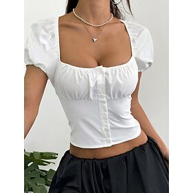 Women's Blouse Solid Color Stylish Short Sleeve Square Neck Crop Tops Daily White Summer Spring