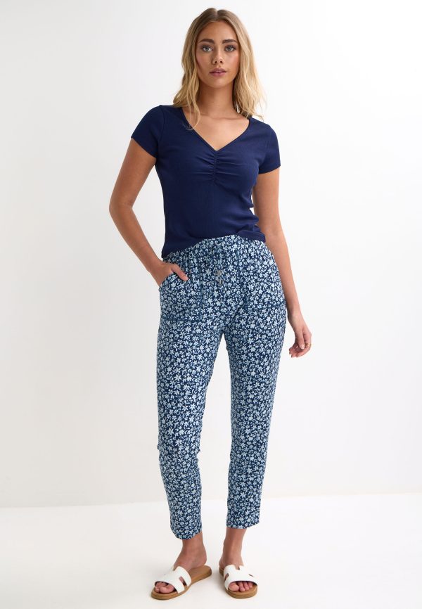 Womens Blue Floral Print Relaxed Cropped Trousers