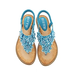 Women's Boho Floral Beaded Sandals - Casual Elastic Strap Summer Flip-Flops with Embellished Design for Beach or Casual Outfits