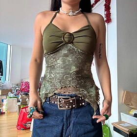 Women's Boho Shirt Blouse Flower Modern Boho Sleeveless Halter Neck Regular Tops Daily Holiday Going out Print Brown Green Summer